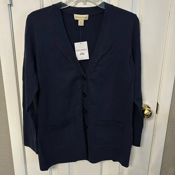 Appleseeds Women’s (S) Navy Blue Deep V  Cardigan Sweater Longline Comfy NWT - Picture 1 of 5